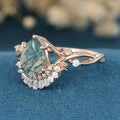 Nature Inspired Pear cut Moss Agate Leaf Gold Engagement Ring