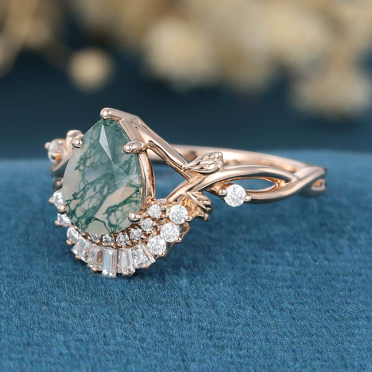 Nature Inspired Pear cut Moss Agate Leaf Gold Engagement Ring