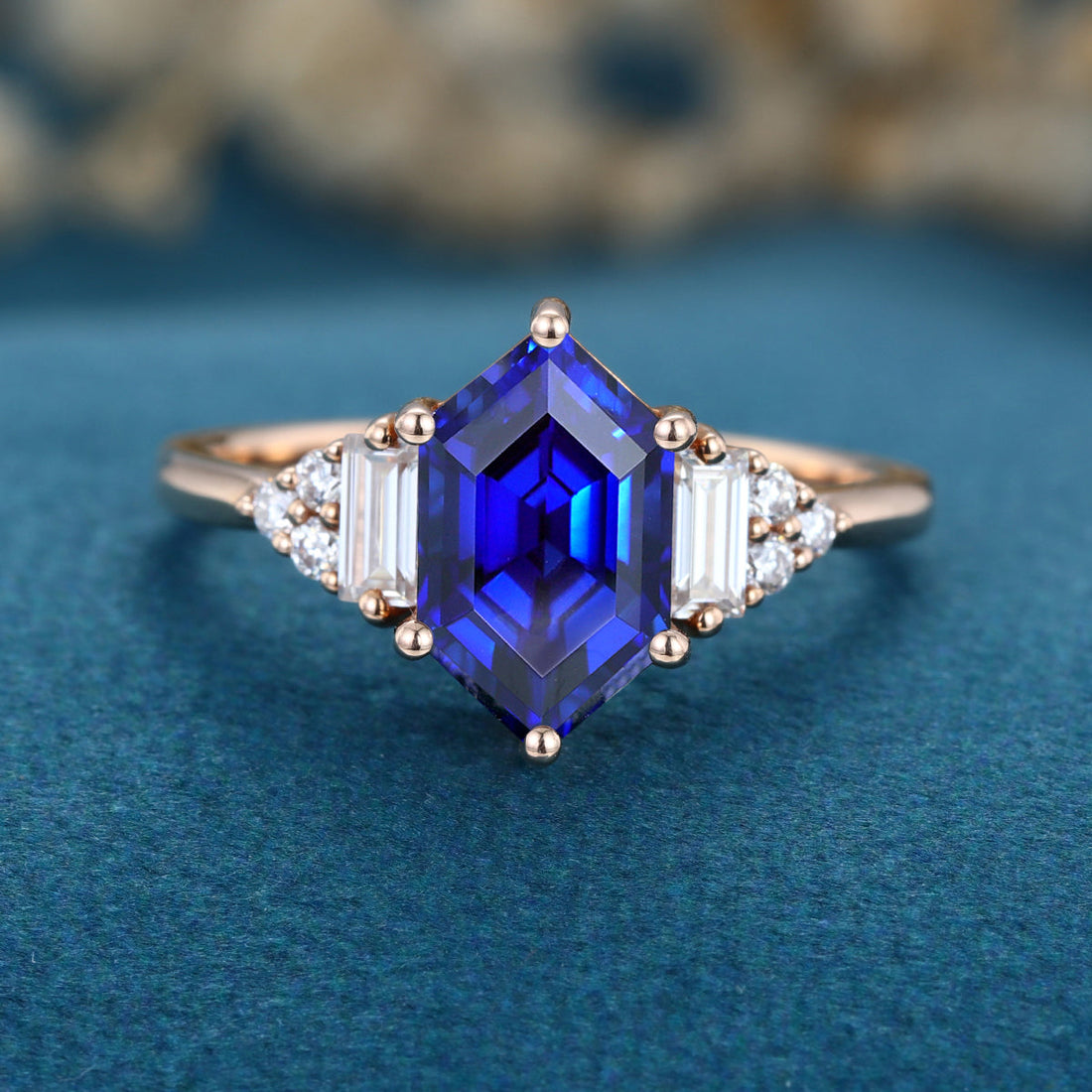 Hexagon cut Lab Blue Sapphire Solid Gold Engagement Ring