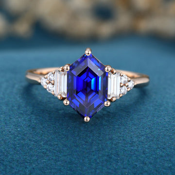 Hexagon cut Lab Blue Sapphire Solid Gold Engagement Ring