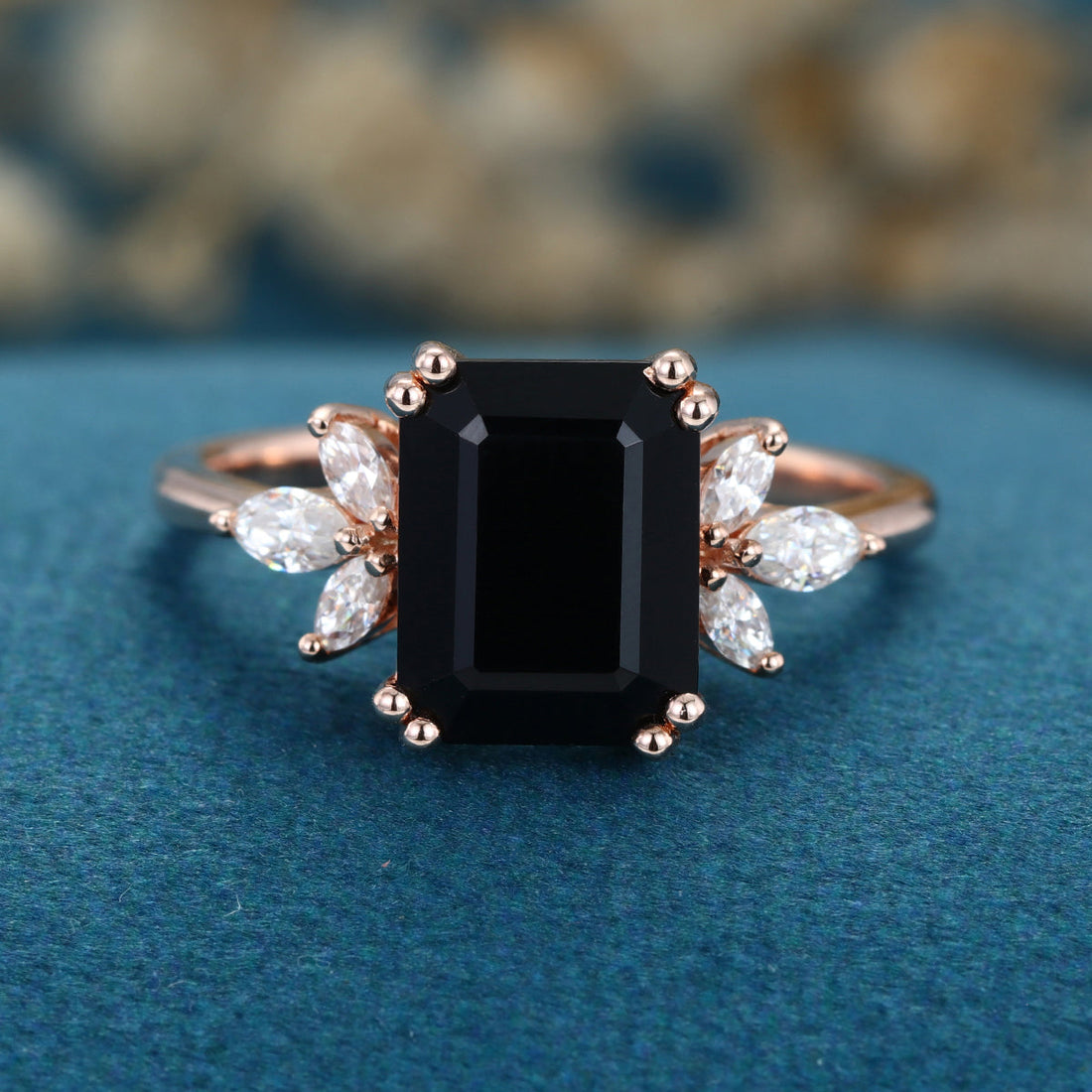 Emerald cut Black Onyx Solid Gold Engagement Ring
