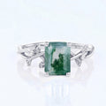 Nature Inspired Emerald cut Moss Agate Leaf Gold Engagement Ring