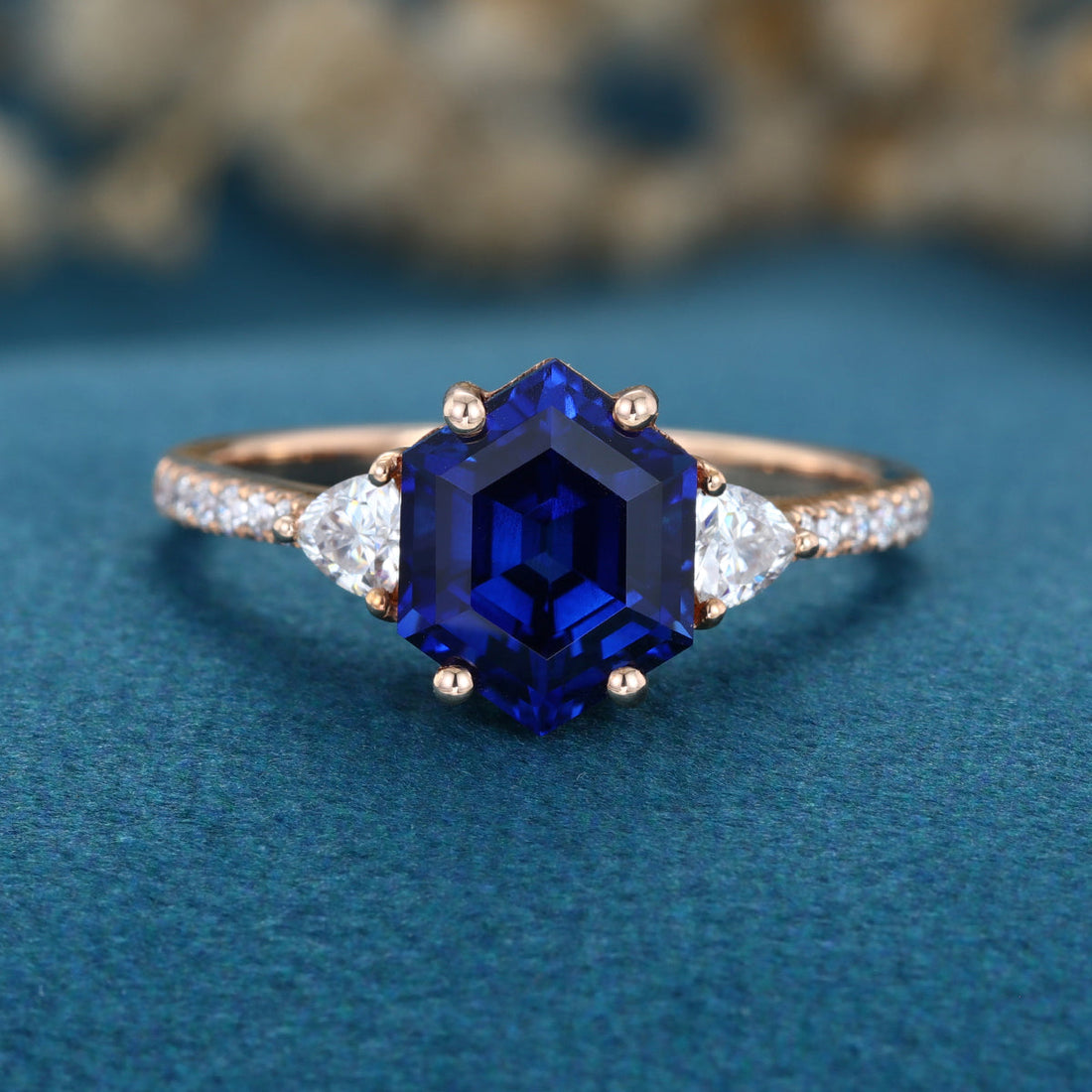 Hexagon cut Lab Blue Sapphire Solid Gold Engagement Ring