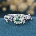 Nature Inspired Round cut Moss Agate Leaf Gold Engagement Ring