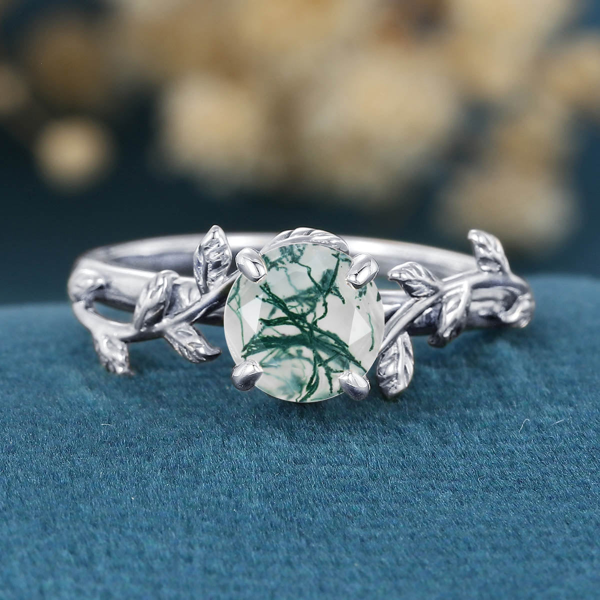 Nature Inspired Round cut Moss Agate Leaf Gold Engagement Ring