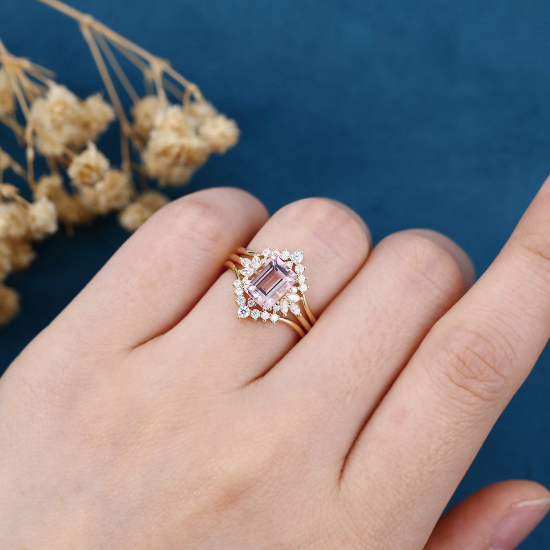Emerald cut Morganite Cluster Engagement Bridal Set