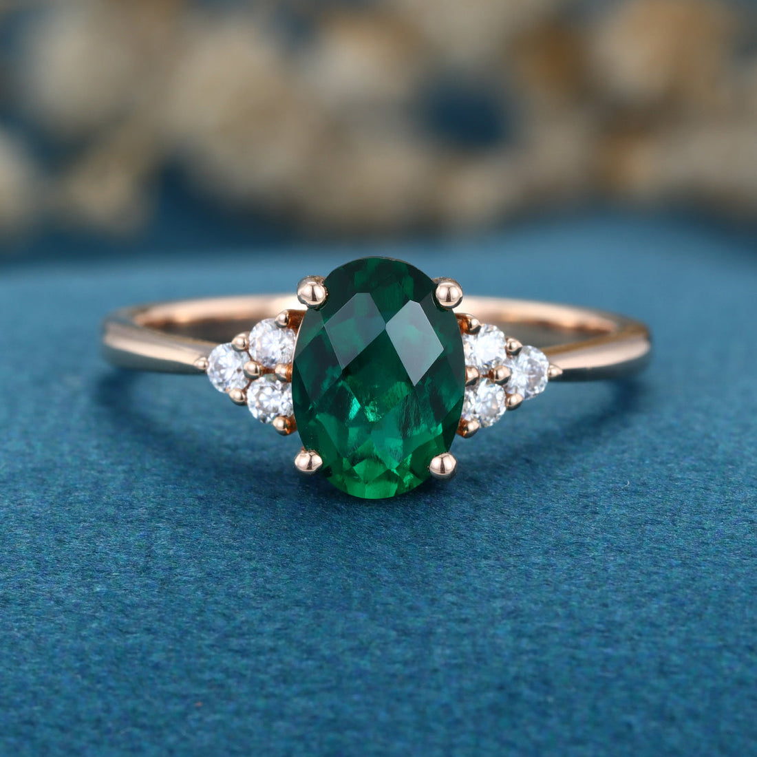 Oval cut Lab grown Emerald Solid Gold Engagement Ring