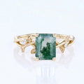Nature Inspired Emerald cut Moss Agate Leaf Gold Engagement Ring