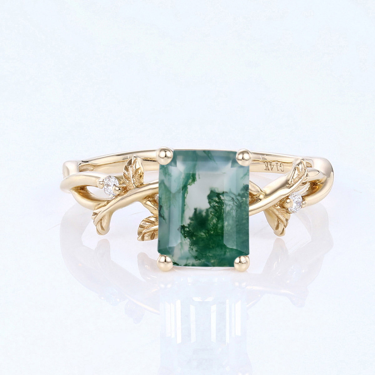 Nature Inspired Emerald cut Moss Agate Leaf Gold Engagement Ring