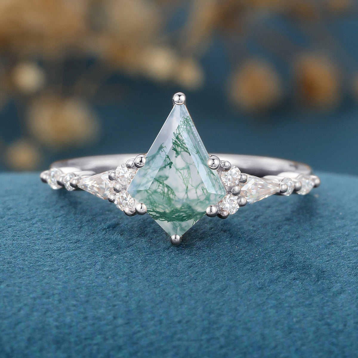 Kite Cut Natural Green Moss Agate Cluster Engagement Ring