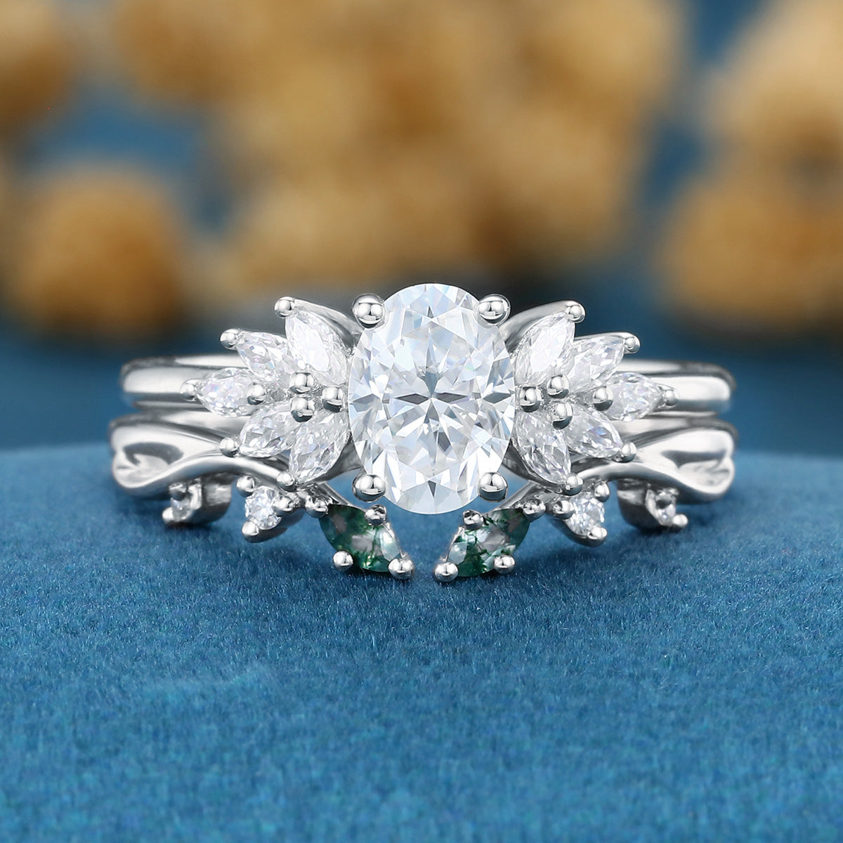 Oval cut 1.0 Carat Lab-Grown Diamond+Moss agate Wedding Bridal set