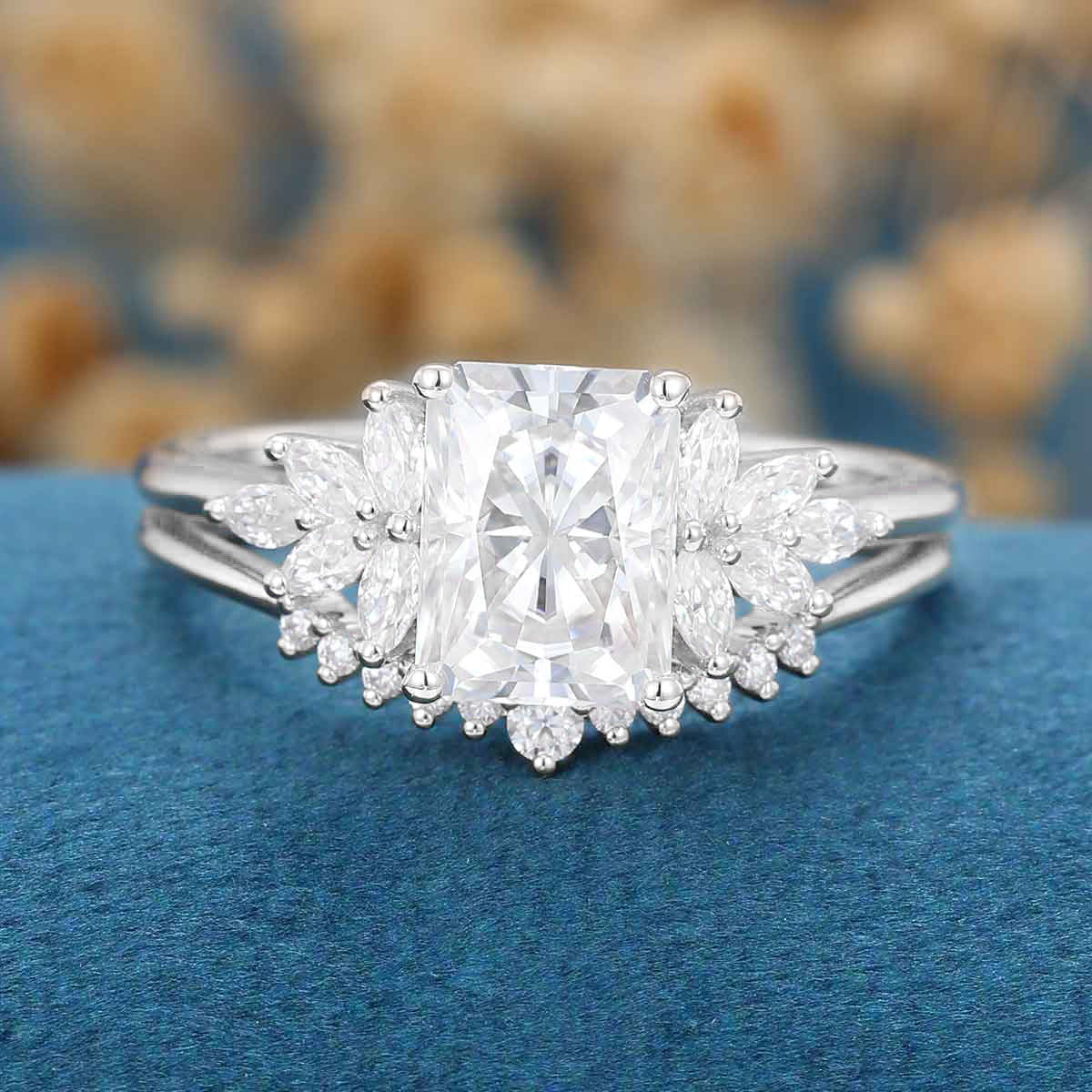 Radiant cut Moissanite Cluster Engagement ring Bridal Set