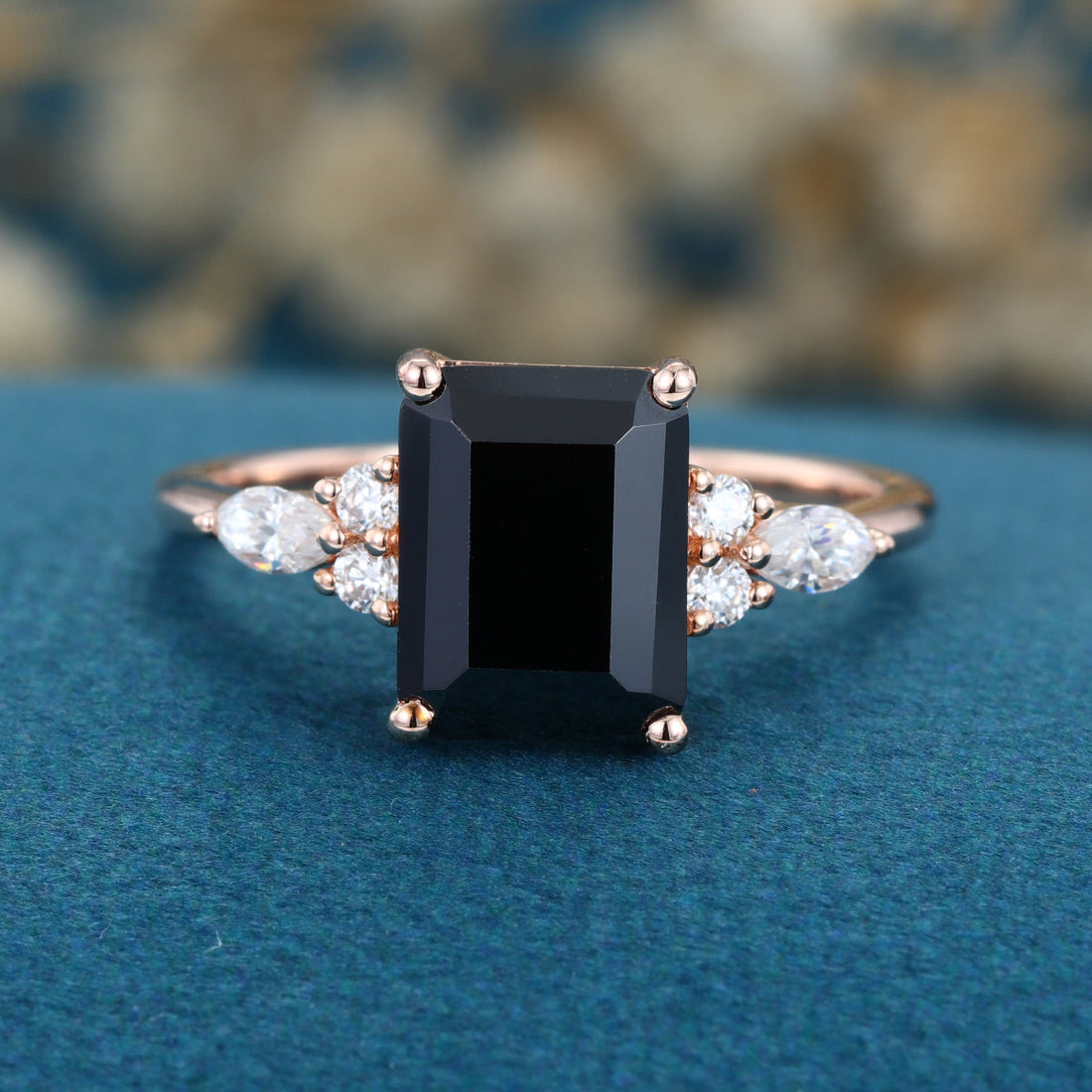 Emerald cut Black Onyx Solid Gold Engagement Ring