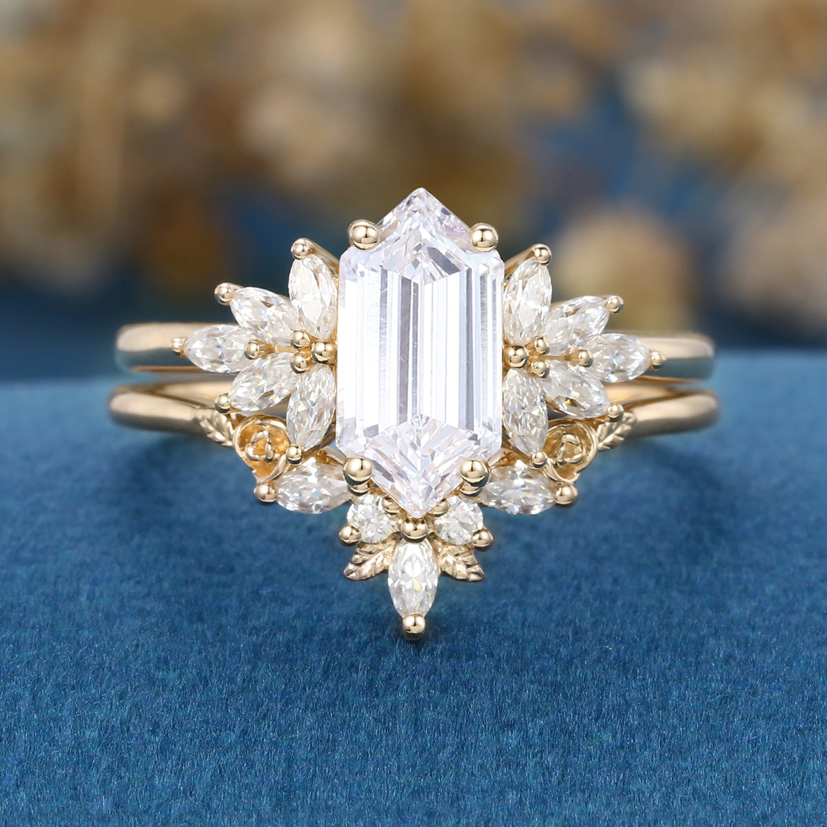 Long Hexagon cut Lab-Grown Diamond Wedding Bridal Set
