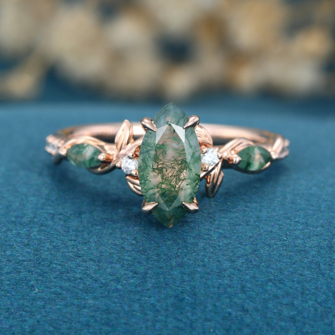 Nature Inspired Marquise cut Moss Agate Solid Gold Engagement Ring