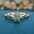 Nature Inspired Marquise cut Moss Agate Solid Gold Engagement Ring