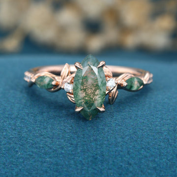 Nature Inspired Marquise cut Moss Agate Solid Gold Engagement Ring