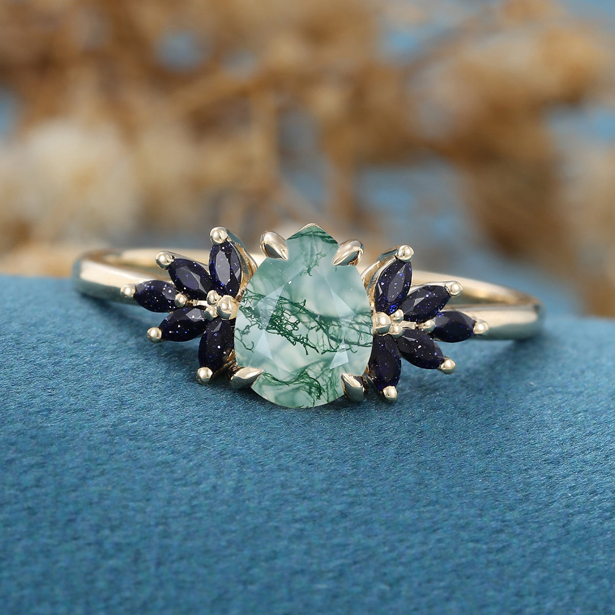Pear Cut Natural Green Moss Agate Cluster Engagement Ring