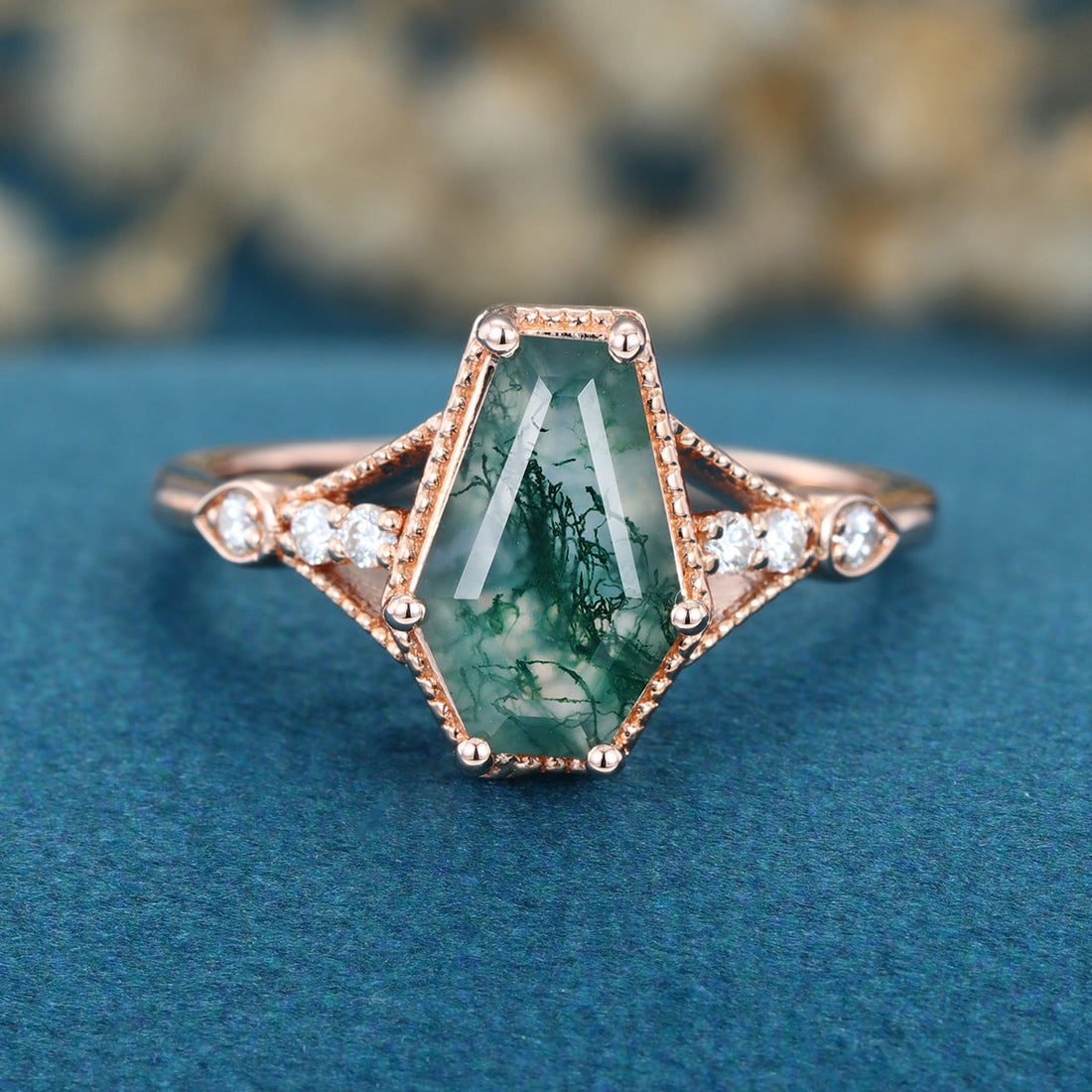 Coffin cut Moss Agate Solid Gold Engagement Ring