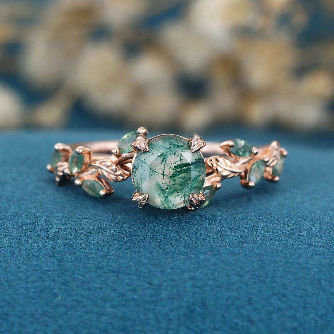 Nature Inspired Round cut Moss Agate Solid Gold Engagement Ring