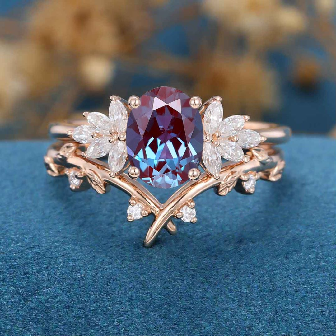 Oval cut Lab Alexandrite Cluster Engagement Ring Bridal Set