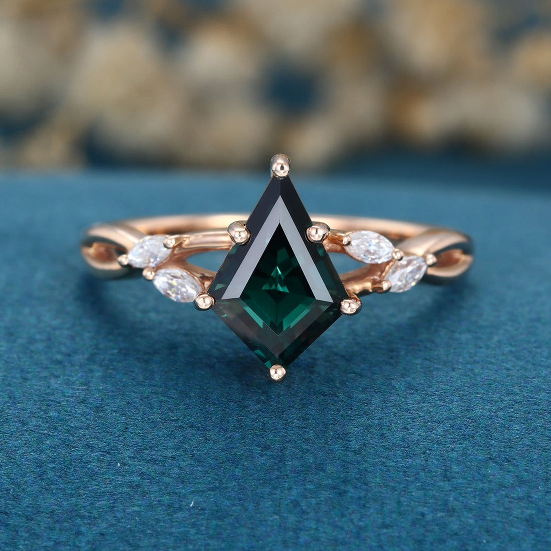 Kite cut Lab grown Blue green Sapphire Solid Gold Engagement Ring