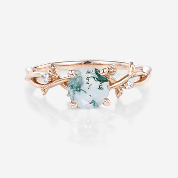 Nature Inspired Round cut Moss Agate Leaf Gold Engagement Ring