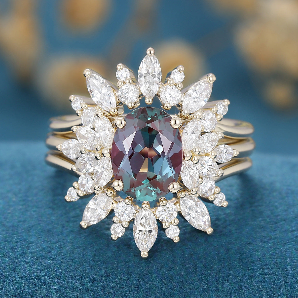1.5Carat 3PCS Oval cut Lab Alexandrite Cluster Engagement Ring Set
