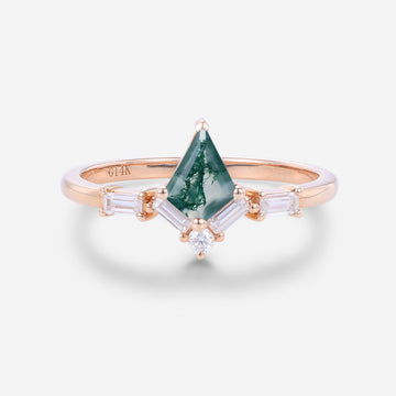 Kite Cut Natural Green Moss Agate Cluster Engagement Ring
