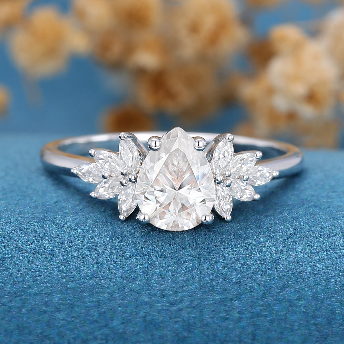 Pear cut Moissanite Cluster Engagement ring