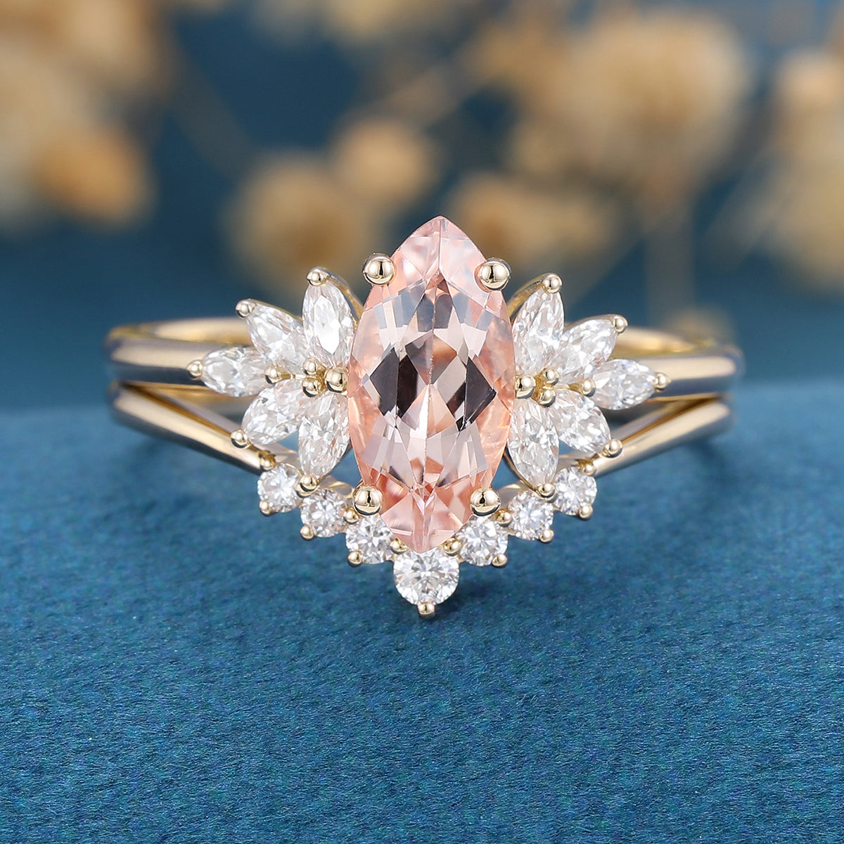1.0Carat Marquise cut Morganite Cluster Engagement ring Bridal Set