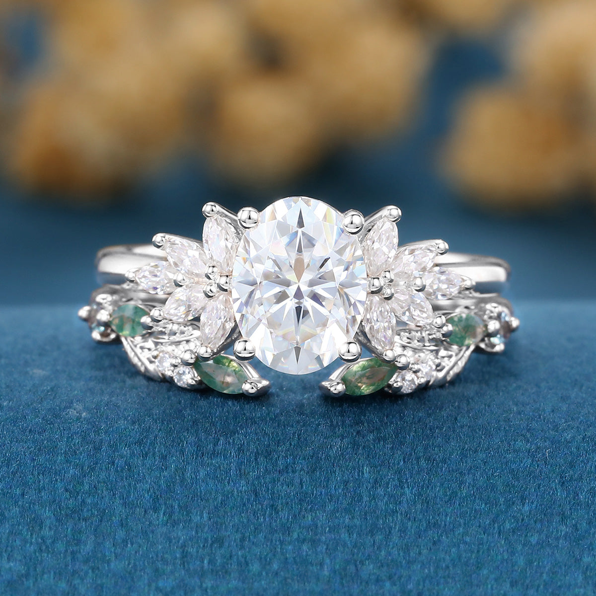 Oval cut Moissanite Engagement ring +Moss agate Wedding Bridal set