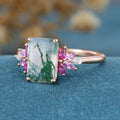 Radiant Cut Natural Green Moss Agate Cluster Engagement Ring