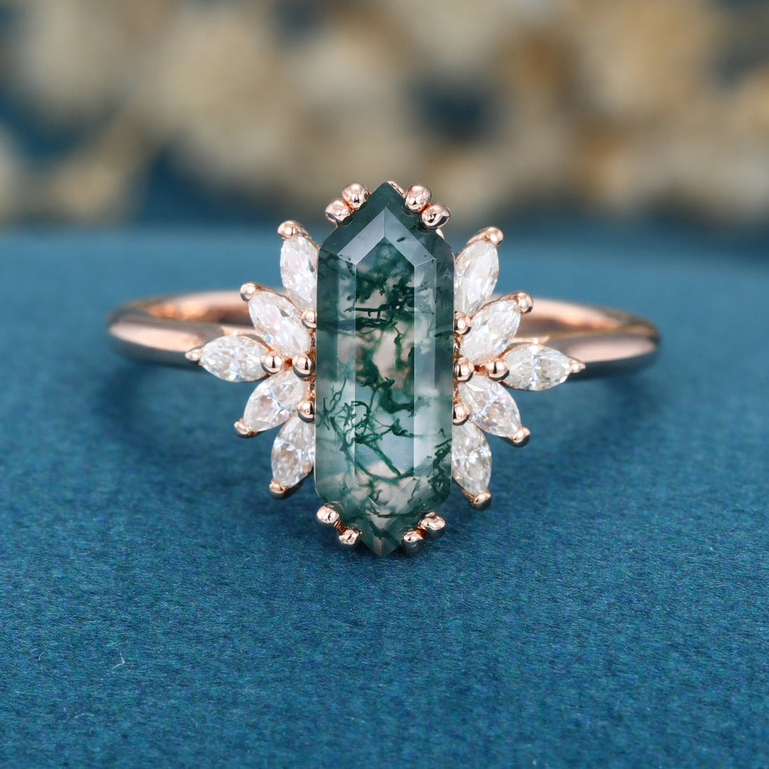 Long Hexagon cut Moss Agate Solid Gold Engagement Ring