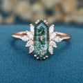 Long Hexagon cut Moss Agate Solid Gold Engagement Ring
