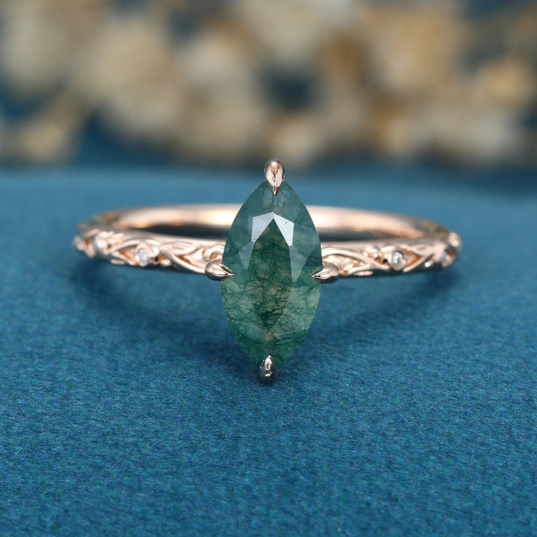 Solitaires Marquise cut Moss Agate Solid Gold Engagement Ring
