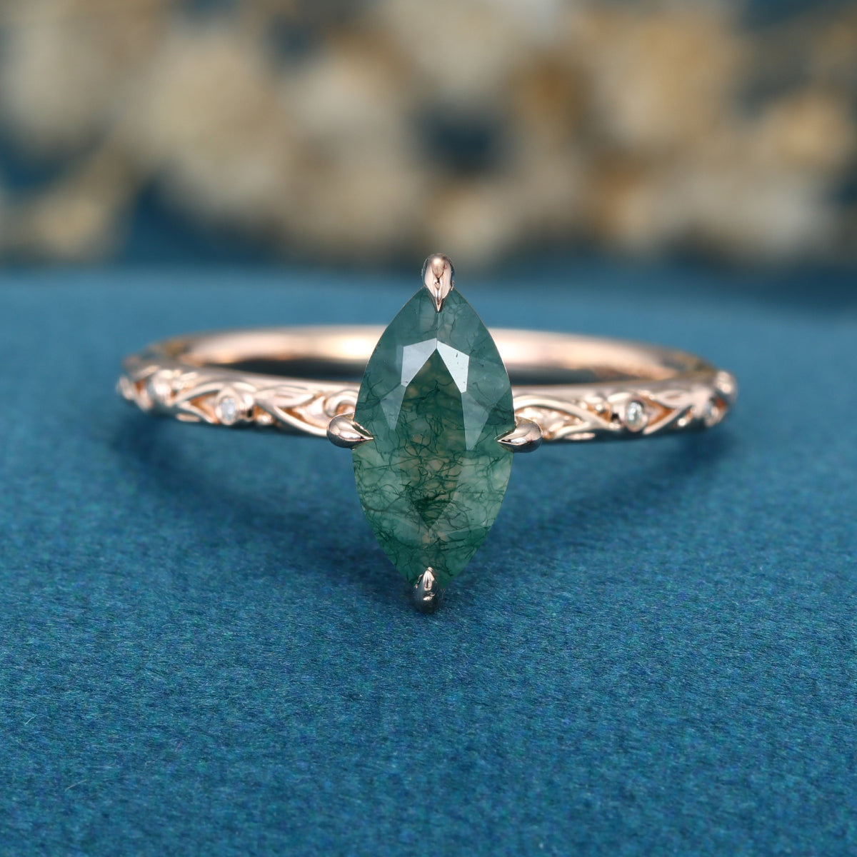Solitaires Marquise cut Moss Agate Solid Gold Engagement Ring