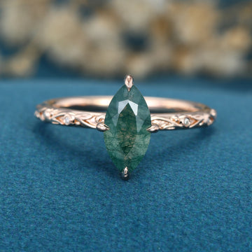 Solitaires Marquise cut Moss Agate Solid Gold Engagement Ring