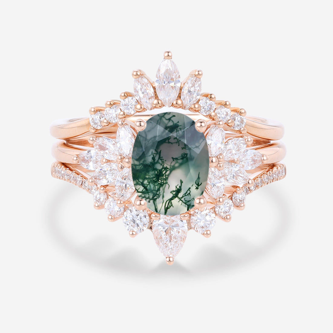 1.5Carat Oval cut Moss Agate Engagement Ring Set