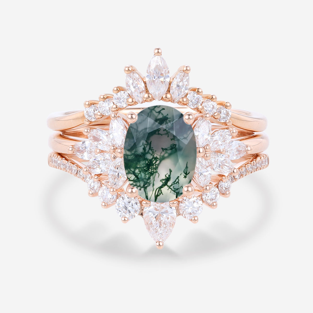 1.5Carat Oval cut Moss Agate Engagement Ring Set