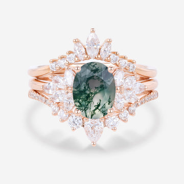 1.5Carat Oval cut Moss Agate Engagement Ring Set