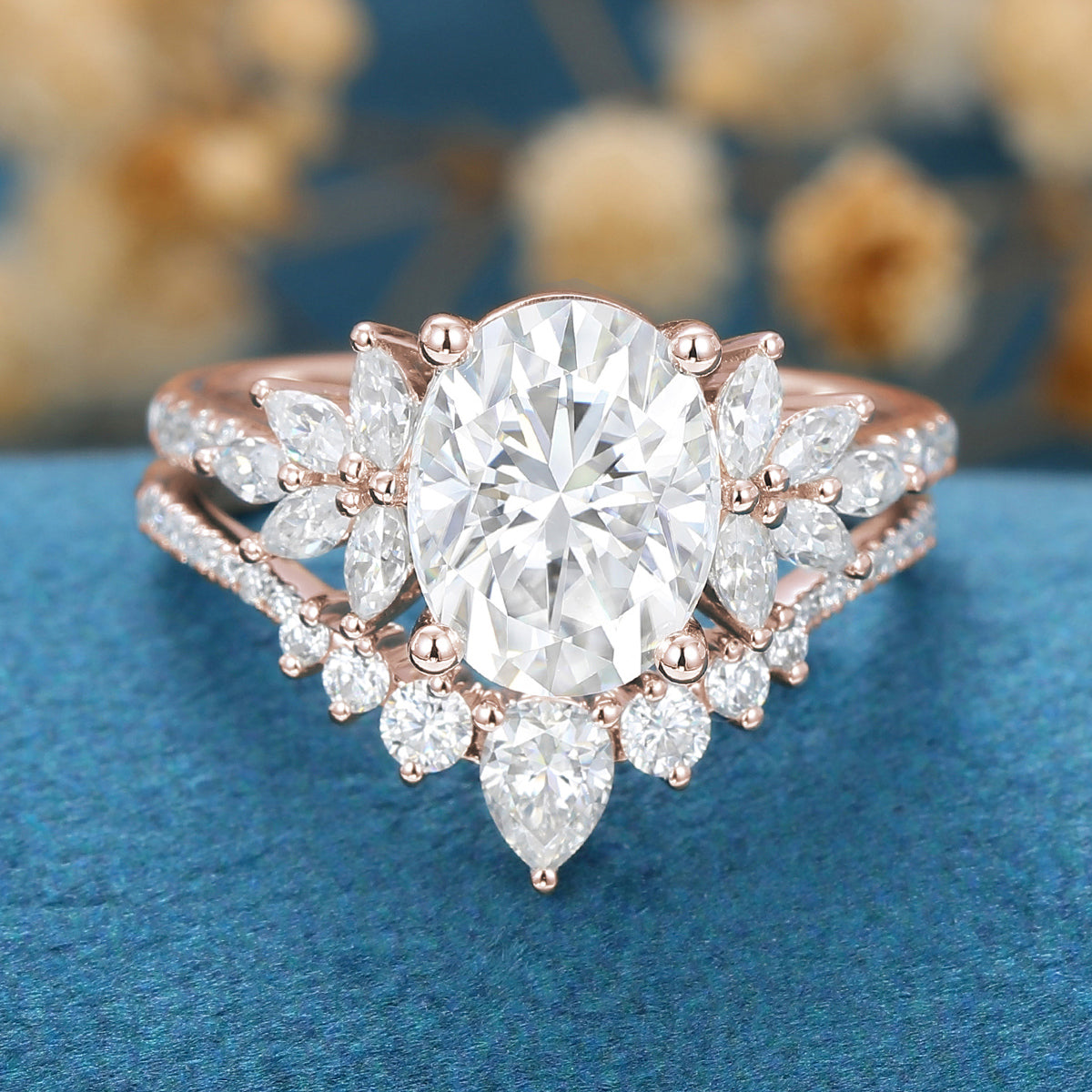 Oval cut Cluster Moissanite engagement ring set vintage