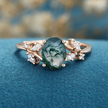 Oval cut Moss Agate + Diamonds Solid Gold Engagement Ring