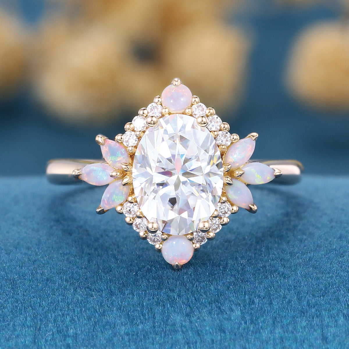 Oval cut Moissanite + Opalrose gold engagement ring