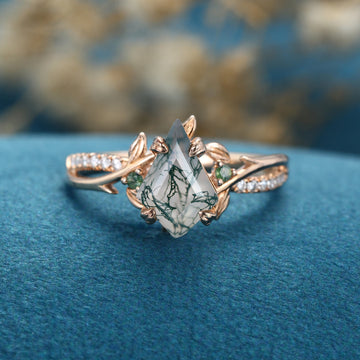 Nature Inspired Kite cut Moss Agate Gold Engagement Ring