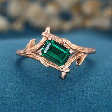 Nature Inspired Emerald cut Lab grown Emerald Solid Gold Engagement Ring