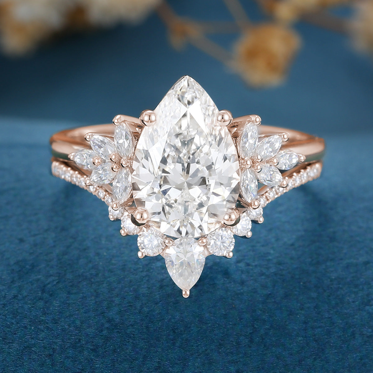 Pear cut Lab-Grown Diamond Engagement ring Rose gold Cluster Diamond Wedding Bridal Set