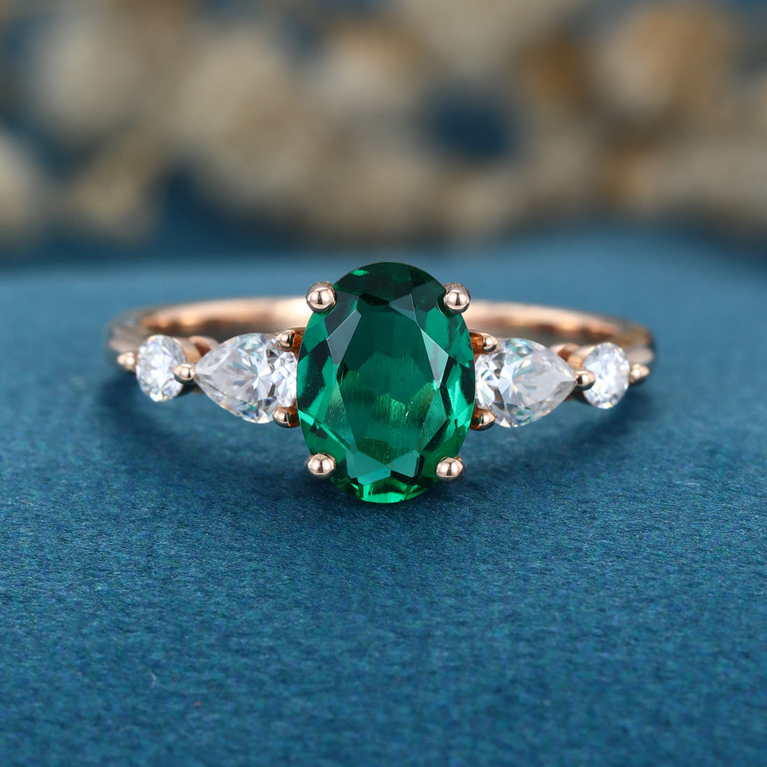 Oval cut Lab grown Emerald Solid Gold Engagement Ring
