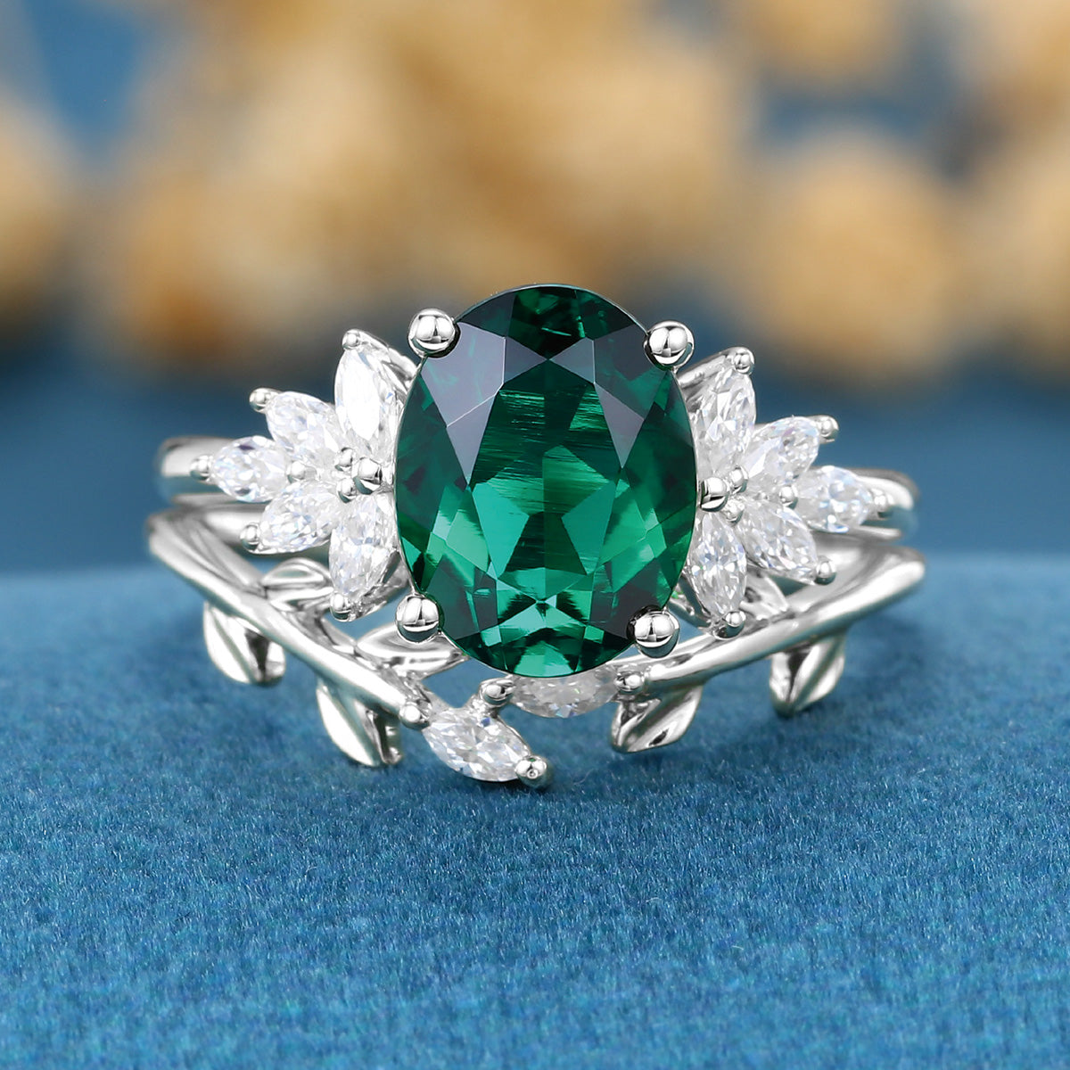 2.0Ct  Oval cut Lab Emerald Wedding Bridal Set