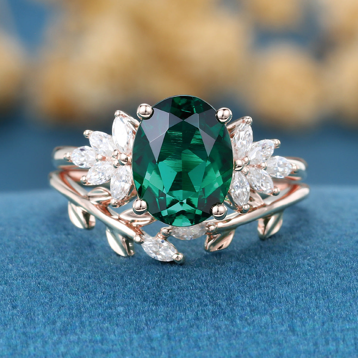 2.0Ct  Oval cut Lab Emerald Wedding Bridal Set
